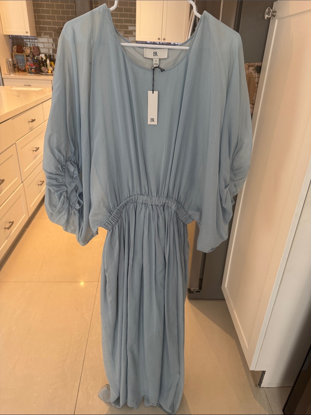 Banana Republic Pale Blue Flowing Maxi Dress with Ruched Sleeves